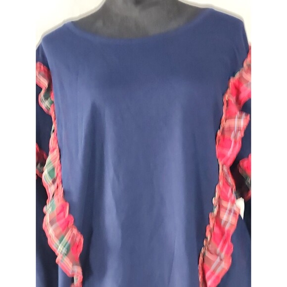 Crown & Ivy Curvy Pullover Plaid Ruffle Blouse Long Sleeve Blue Top Plus Size 2X - Picture 2 of 11